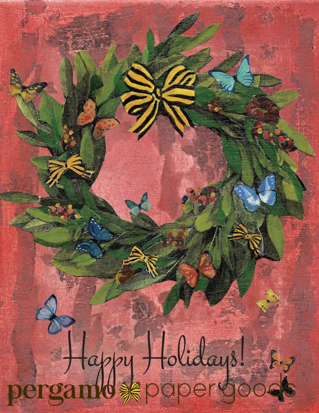 Holiday Party Card Set or Card, Christmas Wreath Card, Retro Holiday Card Stationery Set, Vintage Christmas Cards, Unique Card Sets - Thumbnail 2