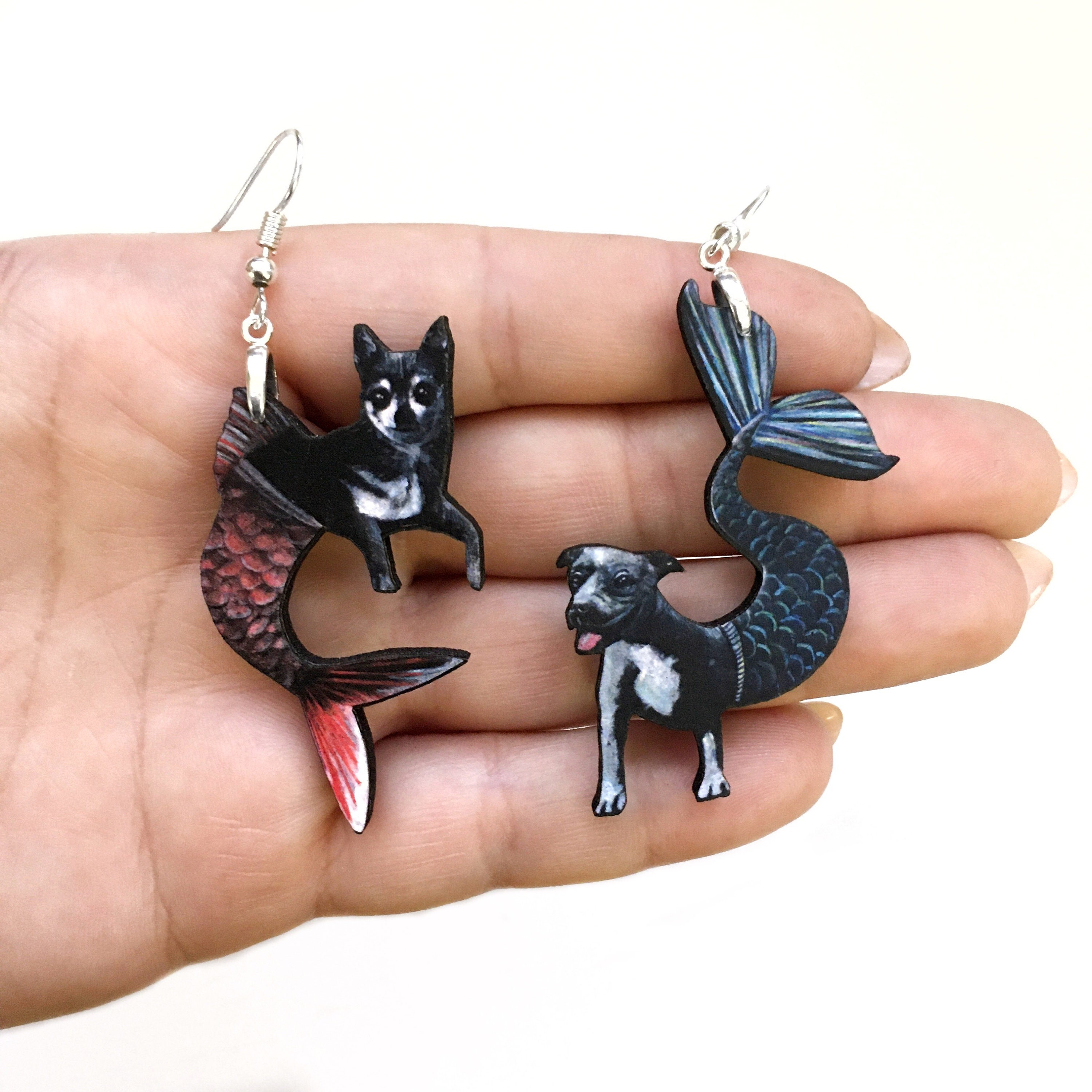 Pitbull Chihuahua Earrings, Mismatched Mermaid Dog Jewelry, Weird Earrings Kitsch Lightweight Dangle Earrings Surreal Illustrated Retro Art - Thumbnail 2