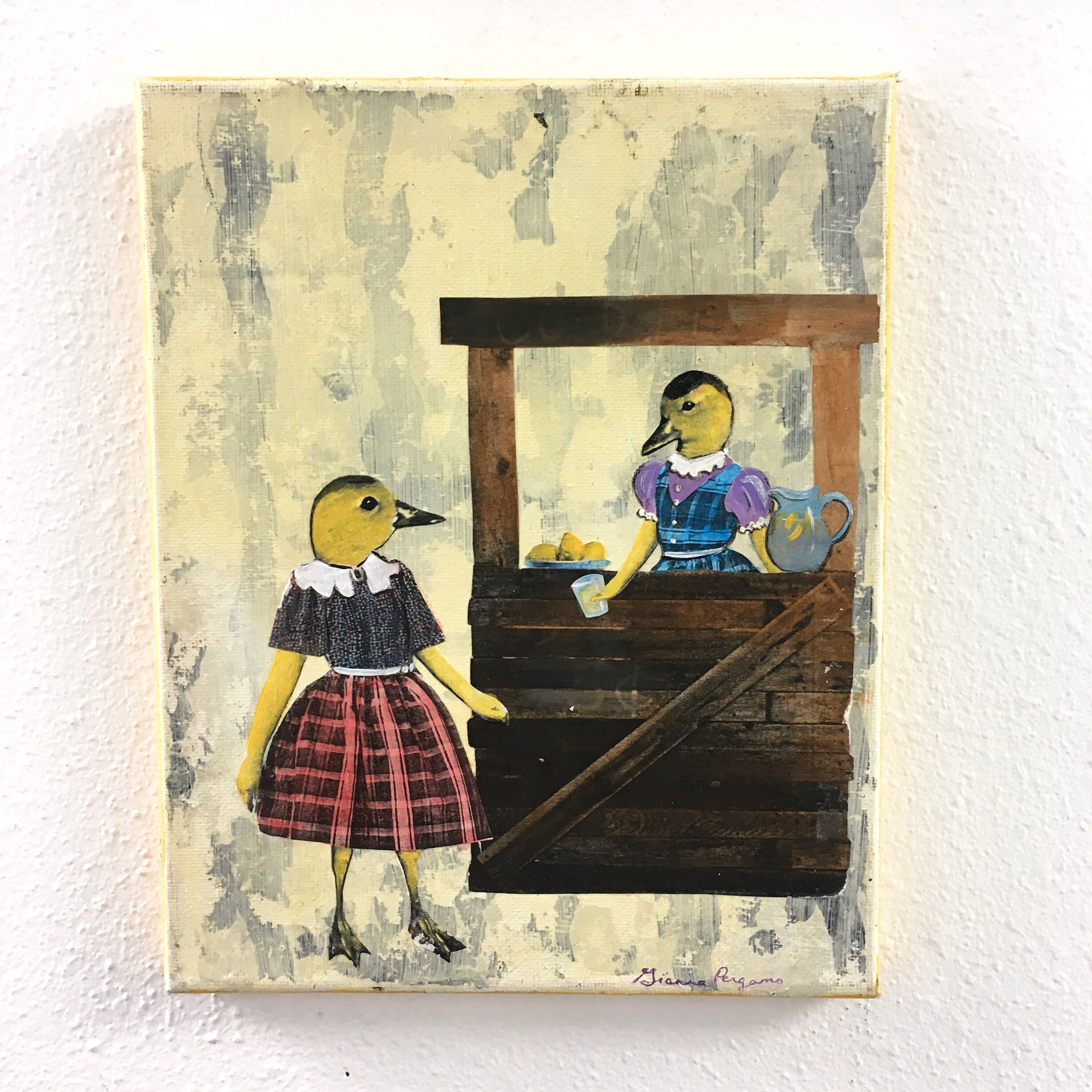 Lemonade Ducks Painting, Original Animal Gift, Collage Wall Art, Mixed Media Animal Art, Vintage Painting, Weird Art on Canvas