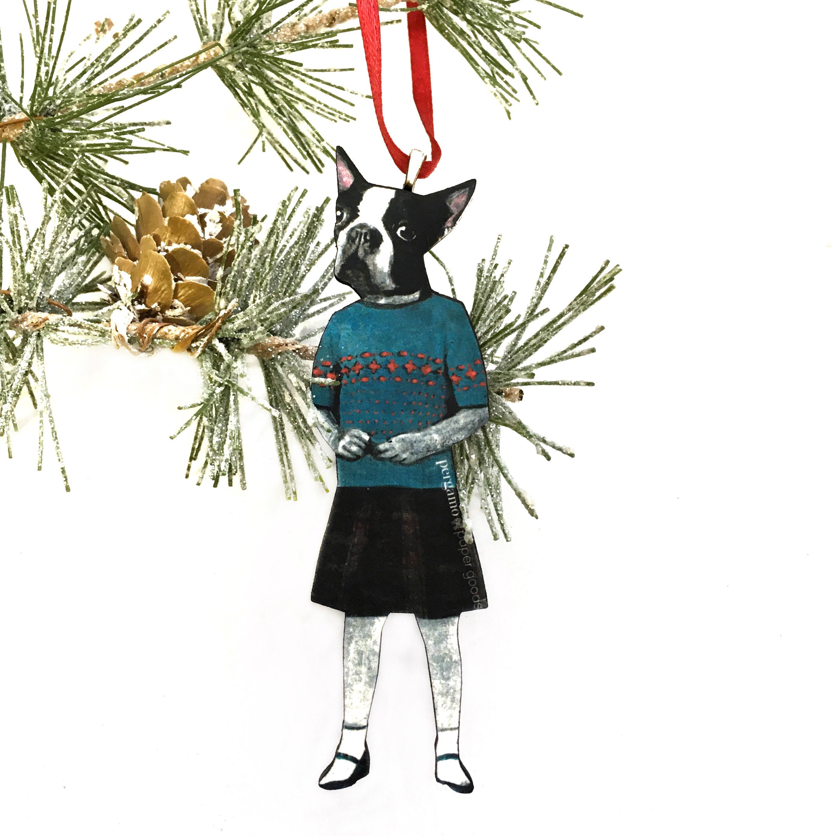 Boston Terrier Ornament, Wood Illustrated Laser Cut Weird Ornaments, Dog Mom Gift, Memorial Gifts for Dog Lovers, Wholesale, Animal Rescue