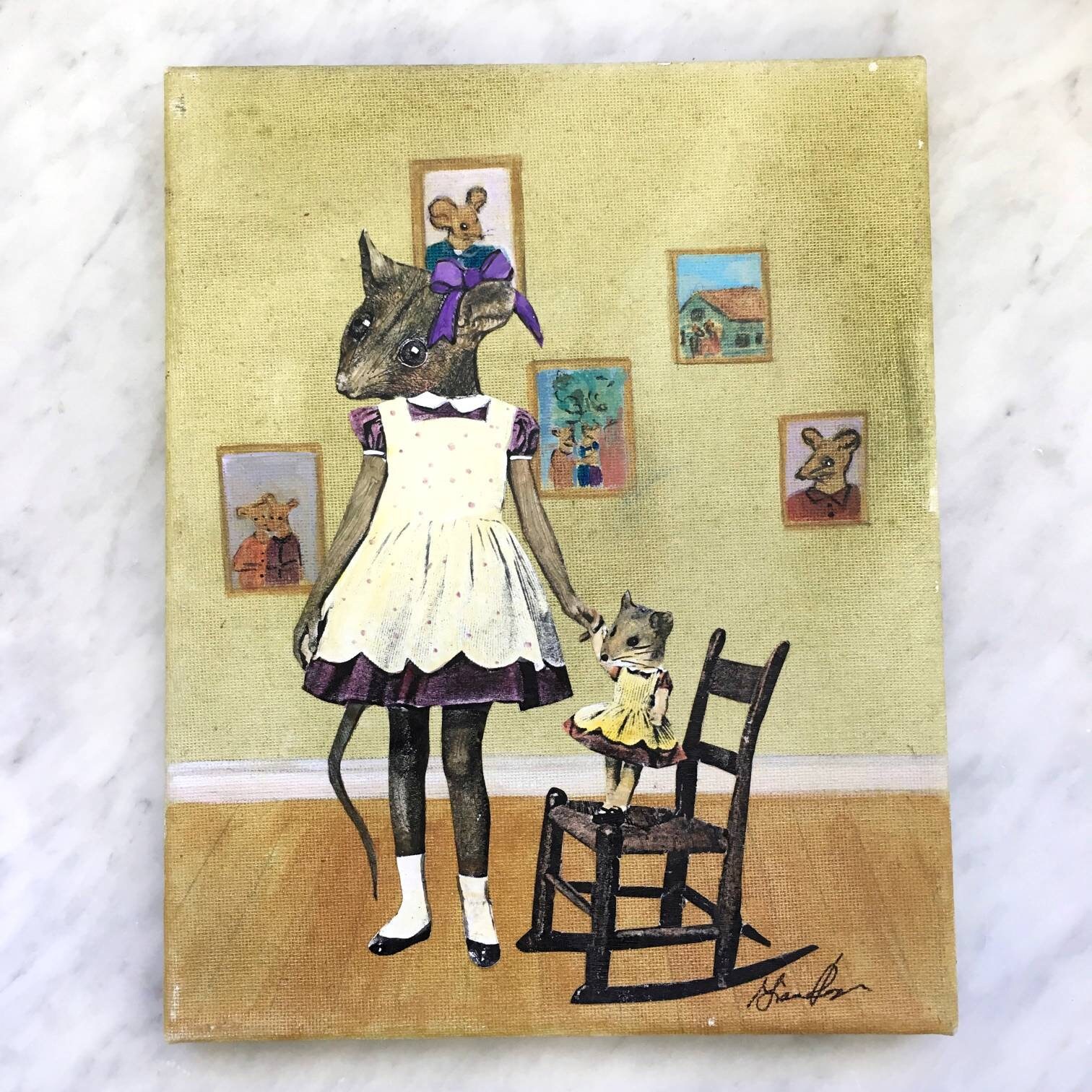 Weird Original Art, Rodent with Doll Mixed Media Painting, Strange and Unusual Collage, Kitschy Cute Vintage Inspired Decor, Kitsch Retro - Thumbnail 4