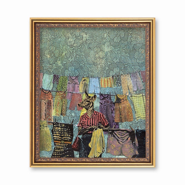 Laundry Room Print, 8x10 Weird Art, Deer Illustration, Rustic Cottage Decor, Country House Art for Mom, Mothers Day Gift Mixed Media Collage - Thumbnail 2