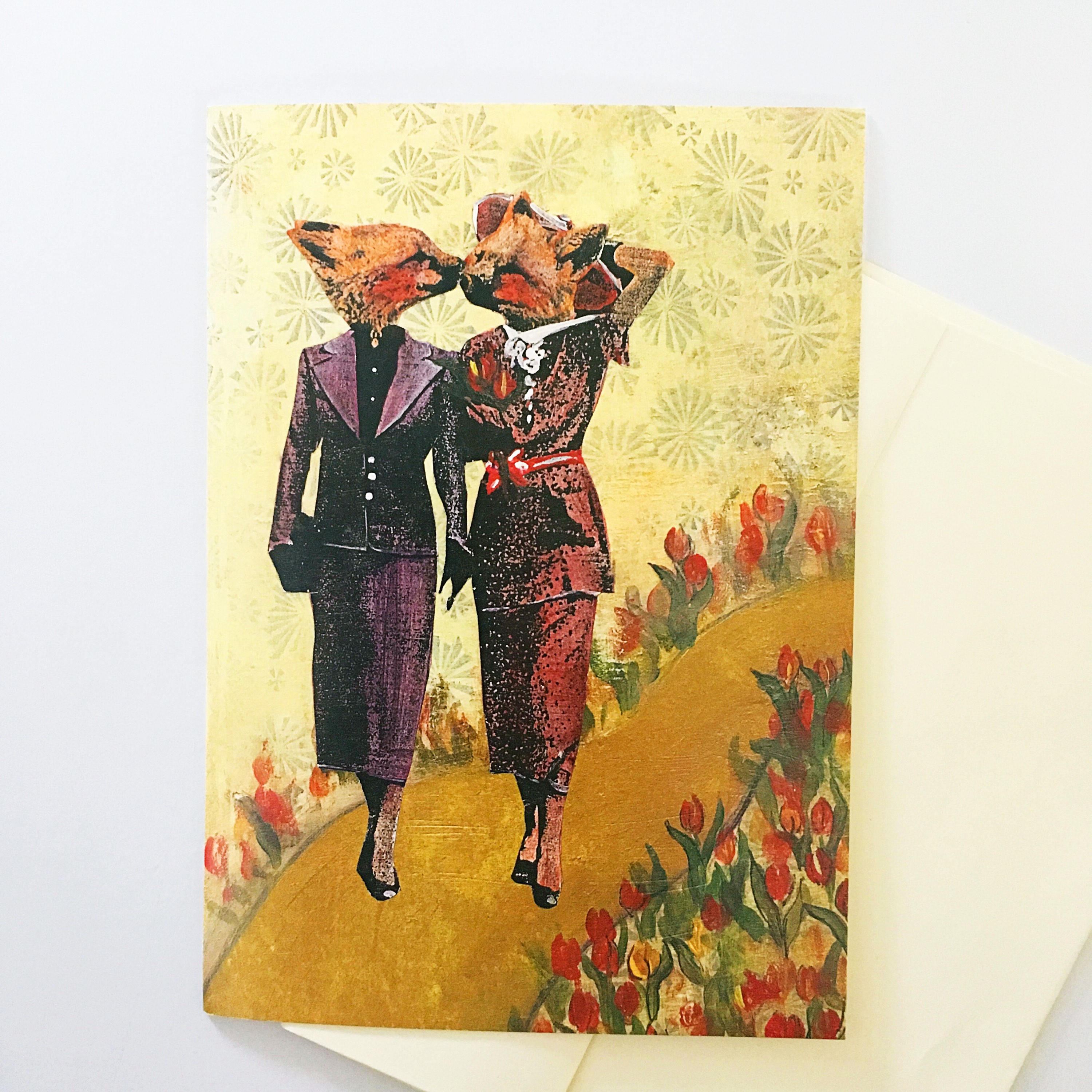 Illustrated Lesbian Card, Kissing Gay Foxes Greeting Cards, Lesbian Wedding Anniversary, Women Marriage, LGBTQ LGBT Queer Bisexual Love - Thumbnail 2