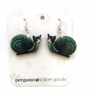 Weird Cat Earrings, Snail Jewelry, Kitschy Cat Lover Gifts, Funny Jewelry, Kitsch Cat Mom Gift, Illustrated Laser Cut Wood, Clip Ons Cats