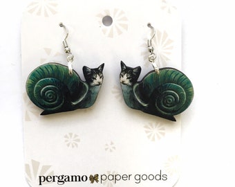 Weird Cat Earrings, Snail Jewelry, Kitschy Cat Lover Gifts, Funny Jewelry, Kitsch Cat Mom Gift, Illustrated Laser Cut Wood, Clip Ons Cats