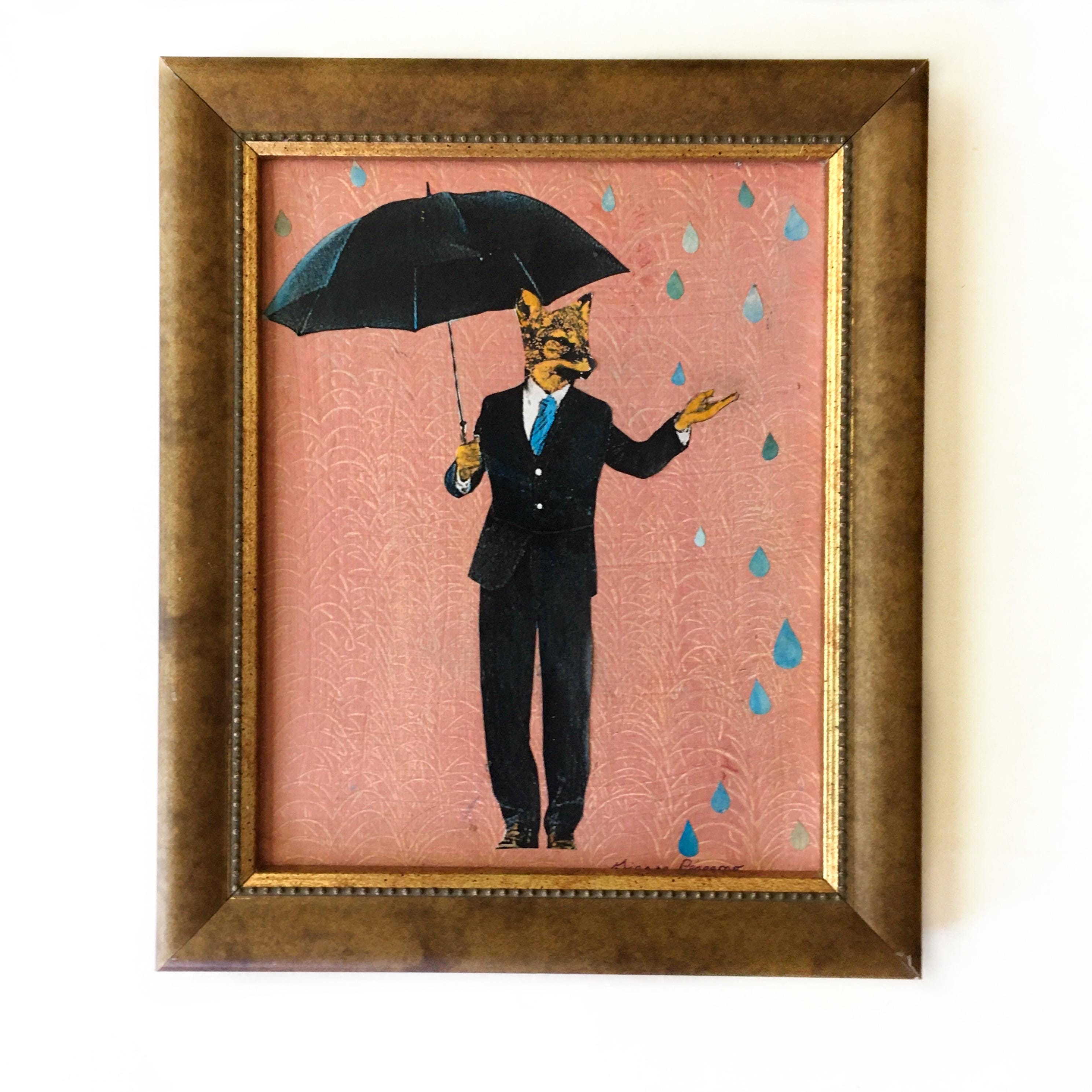 Rain Fox Art, Vintage Animal Mixed Media Painting, Strange and Unusual Collage, Kitschy Cute Inspired Decor, Kitsch Retro Art for Men