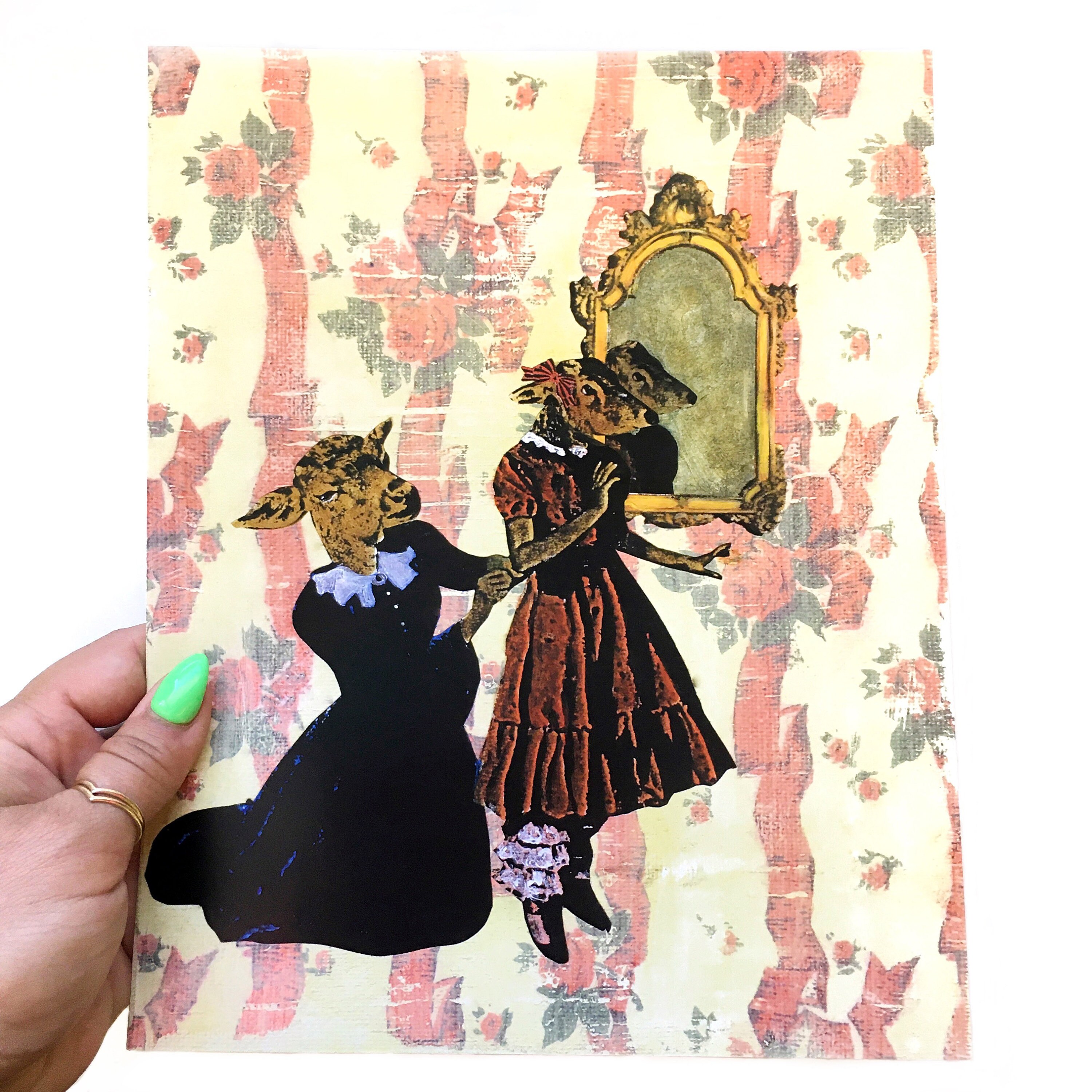 Deer Art Print, Vintage Mother and Daughter, Kitschy Retro Fashion Housewarming Gift, Weird Art, Kitsch Decor Gifts, Collage Illustration - Thumbnail 2