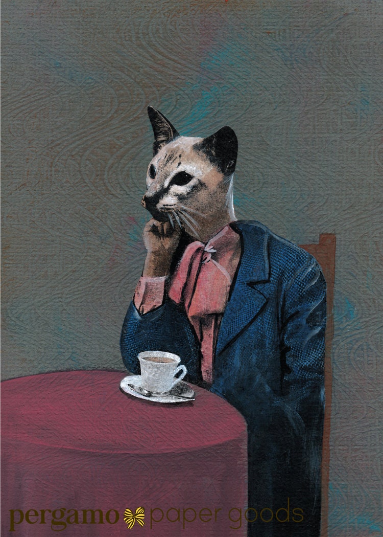 Retro Cat Card, Blank Weird Cats Stationery, Tea Coffee Animal Wearing Clothes Fancy Dapper Animals Surreal Anthropomorphic Unique Wholesale - Thumbnail 2