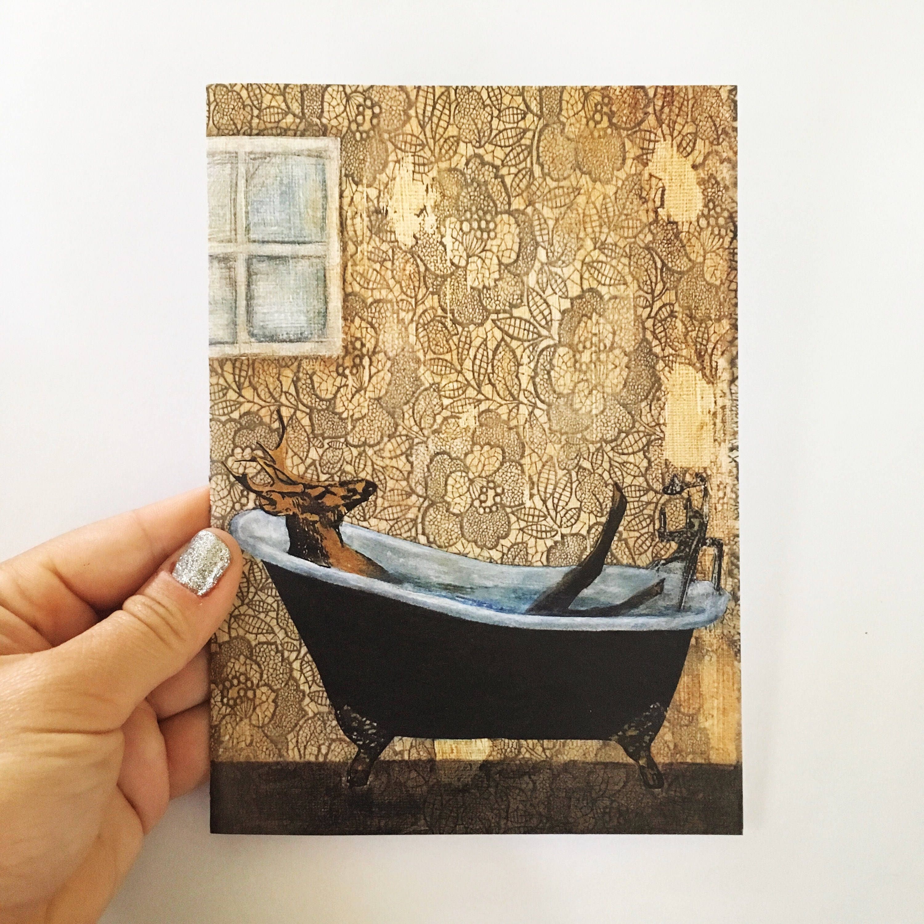 Weird Cards, Deer Bathtub Buck Blank Greeting Card, Retro Animal Stationery, Weird Art, Cards for Men, Quirky Dad Son Father's Day, Bathroom - Thumbnail 2