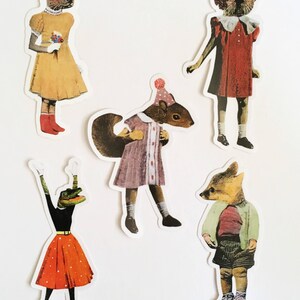 May include: A collection of whimsical stickers featuring anthropomorphic animals in vintage clothing. The stickers include a capybara in a yellow dress, a squirrel in a party hat, and a fox in a green jacket. The stickers are on a white background.