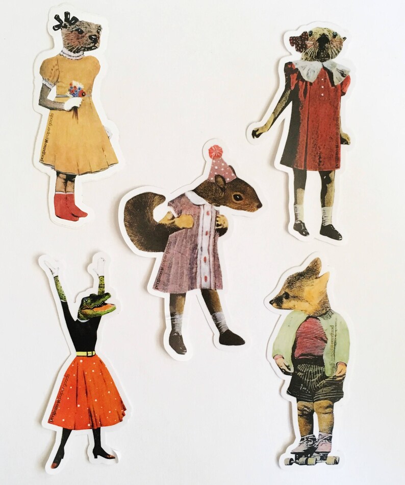 May include: A collection of whimsical stickers featuring anthropomorphic animals in vintage clothing. The stickers include a capybara in a yellow dress, a squirrel in a party hat, and a fox in a green jacket. The stickers are on a white background.