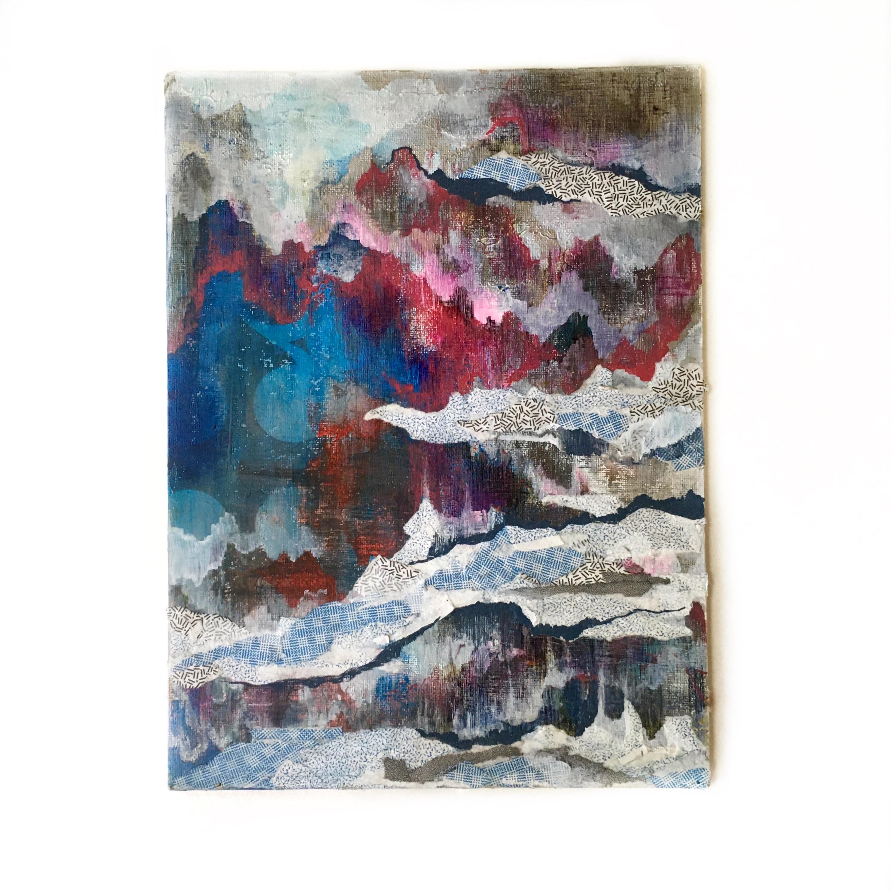 Clouds Abstract Art, Mountain Landscape Cave Inspired Colorful Mixed Media Art, Collage Wall Painting, Original Acrylic Wall Art Red