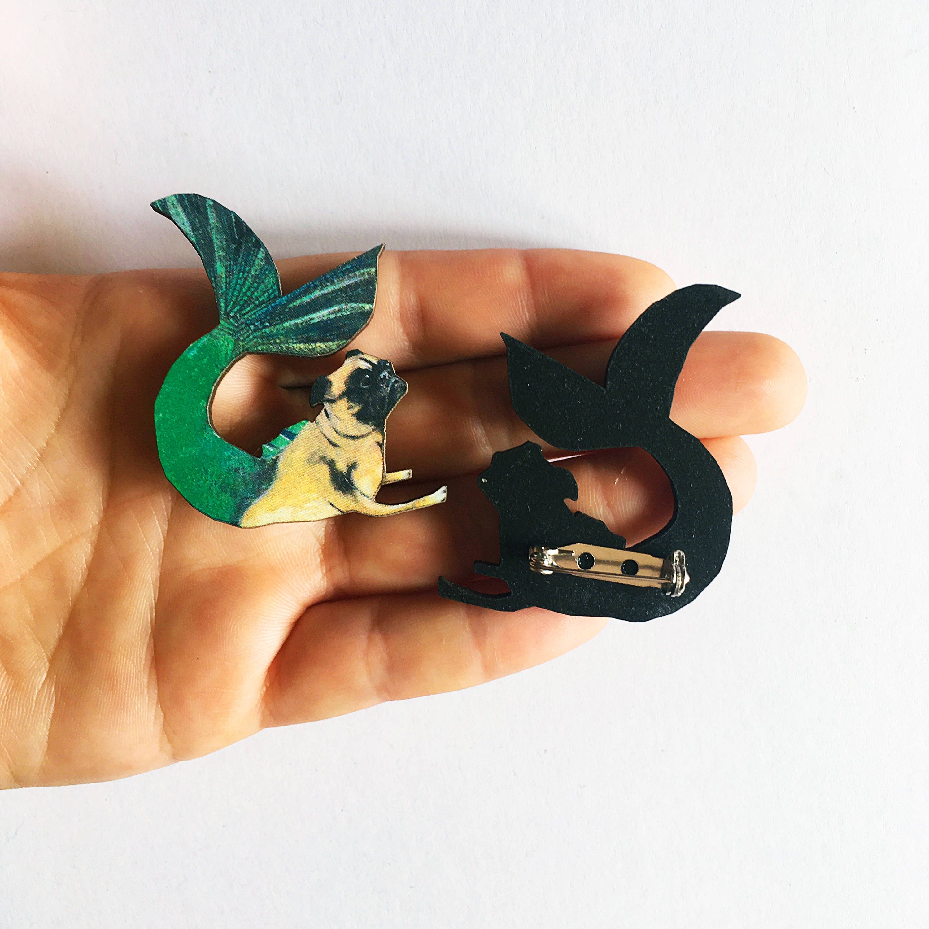 Mermaid Pug Pin, Weird Pug Brooch, Dog Memorial Jewelry, Animal Lapel Pins, Surreal Illustrated Retro Pugs, Dog Rescue, Pet Remembrance