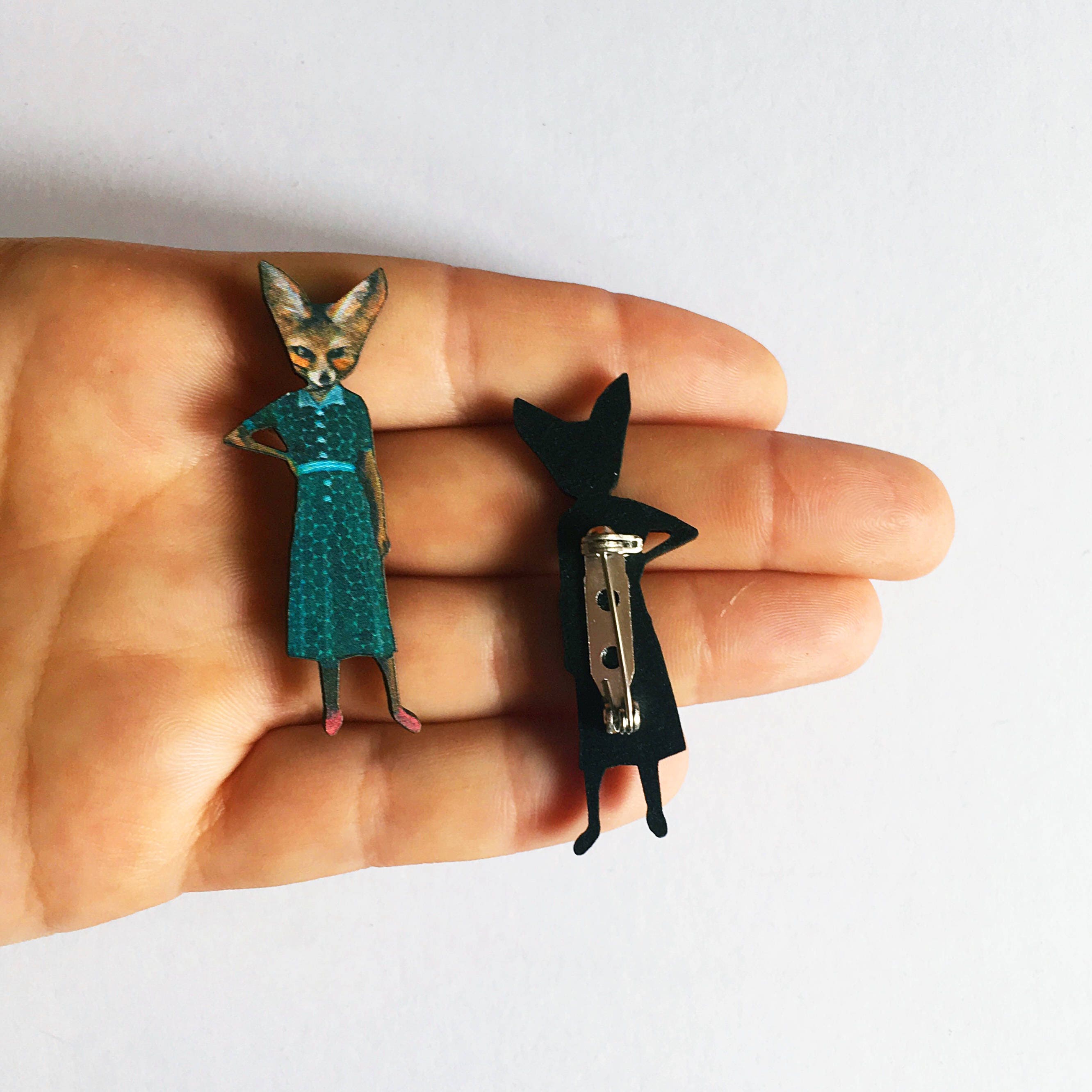 Fox Lapel Pin, Vintage Fox Brooch, Laser Cut Wood Animal Jewelry, Illustrated Dressed Up Fennec Fox Pins, Weird Animals Art Accessories