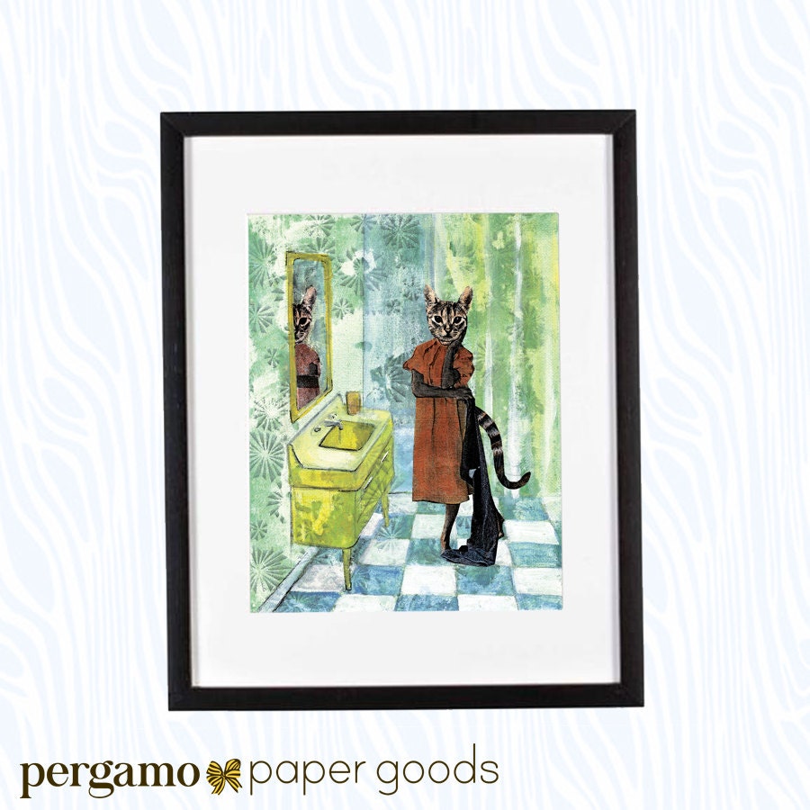 Retro Cat Art Print, 8x10 Cat Wall Art, Kitty Decor for Animal Lovers, Cat Lover, Bathroom Decor, Weird Vintage Mixed Media Collage Funny - Thumbnail 3