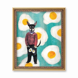 May include: A black and brown dog wearing a red sweater and a blue bow tie holds a black frying pan with two fried eggs in it. The dog is standing on a turquoise background with a pattern of white fried eggs.