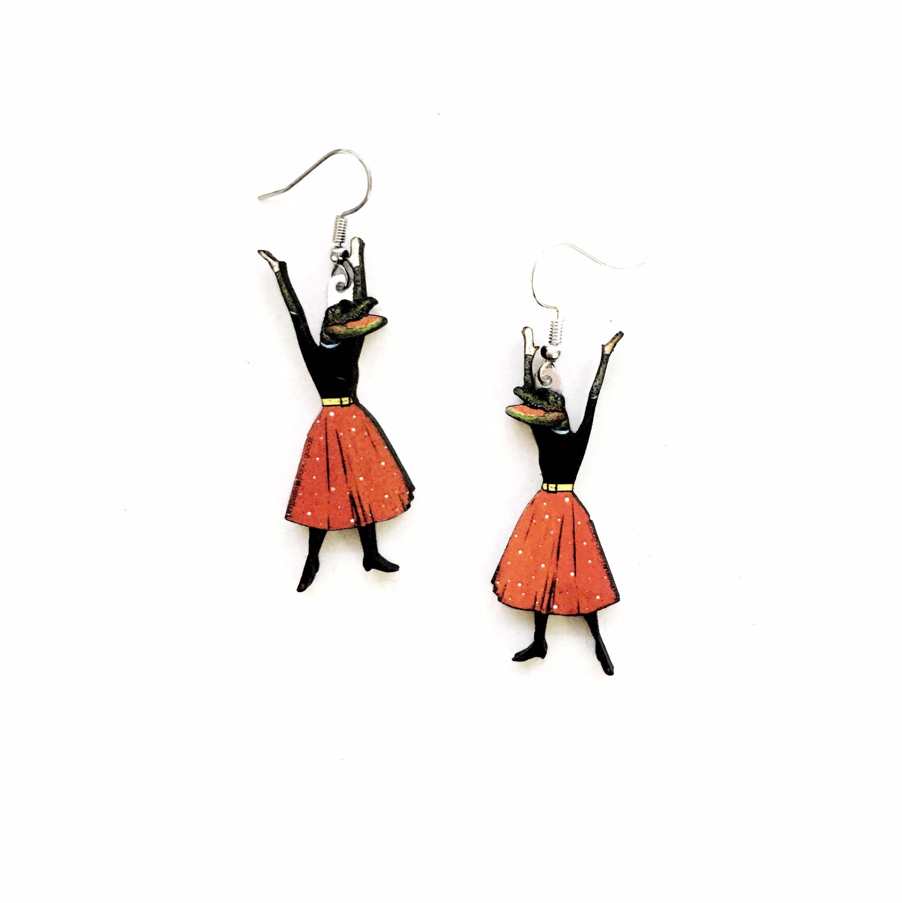 Alligator Earrings, Weird Lightweight Wood Florida Jewelry, Surgical Steel Dangle Clip On Illustrated Dressed Up Crocodile Animal Tampa FL - Thumbnail 5