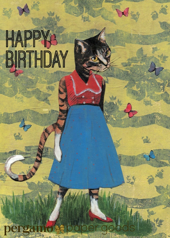 Biglietto Gatto Buon Compleanno Vintage Gattini Biglietti Etsy