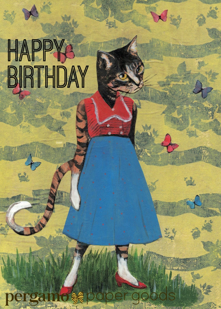 Happy Birthday Cat Card, Vintage Kitty Greeting Cards, Dressed Up Cat Lady, Weird Dapper Animals Wearing Clothes, Funny Retro Stationery