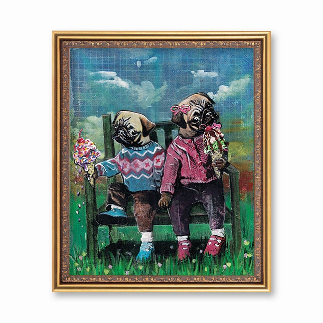 Pug Art Print, 8x10 Weird Pugs Wall Art, Ice Cream Art, Kitschy Vintage Children’s Room Decor, Pug Lover Gift, Mixed Media, Animal Rescue - Thumbnail 2