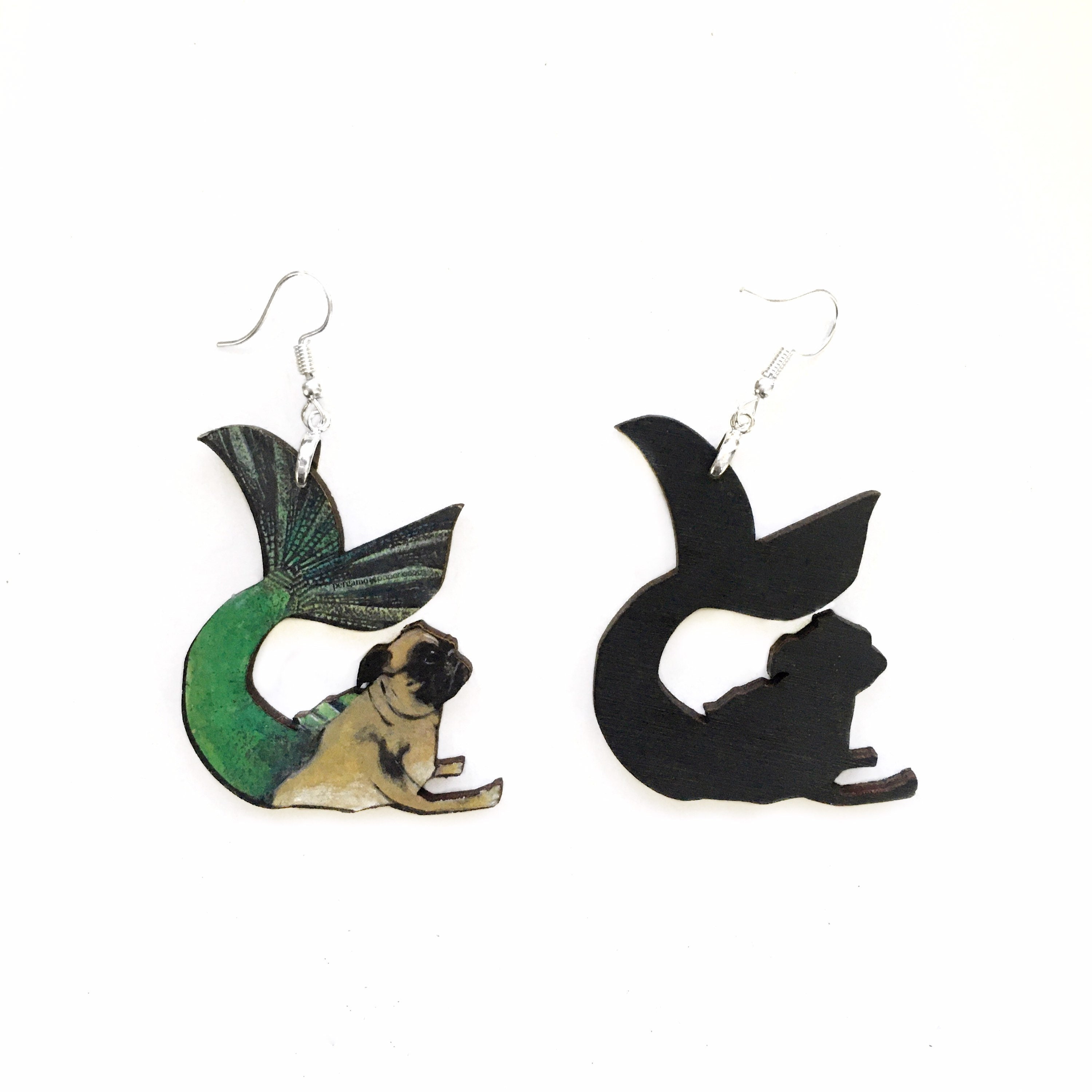 Mermaid Pug Earrings, Weird Earrings, Kitsch Earrings, Dog Jewelry Laser Cut Wood Dangle Earrings, Illustrated Retro Fawn Pugs - Thumbnail 2