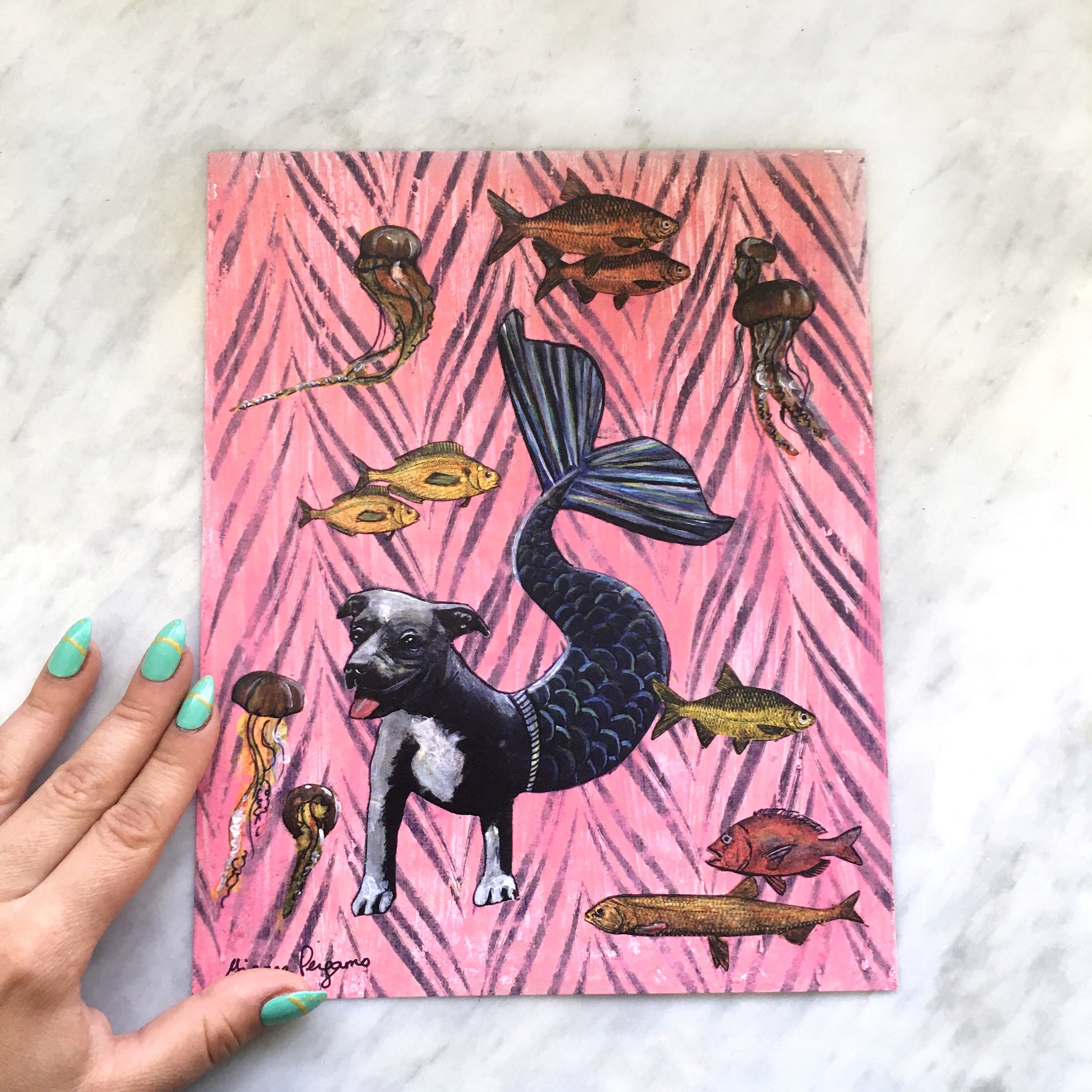 Pitbull Art Print, 8x10" Weird Surreal Mermaid Dog Gift Bathroom Art, Adopt Don't Shop, American Pit Bull Terrier Gifts, Rescue Pitbull Mom - Thumbnail 2