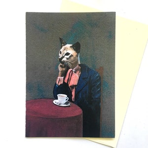 Retro Cat Card, Blank Weird Cats Stationery, Tea Coffee Animal Wearing Clothes Fancy Dapper Animals Surreal Anthropomorphic Unique Wholesale