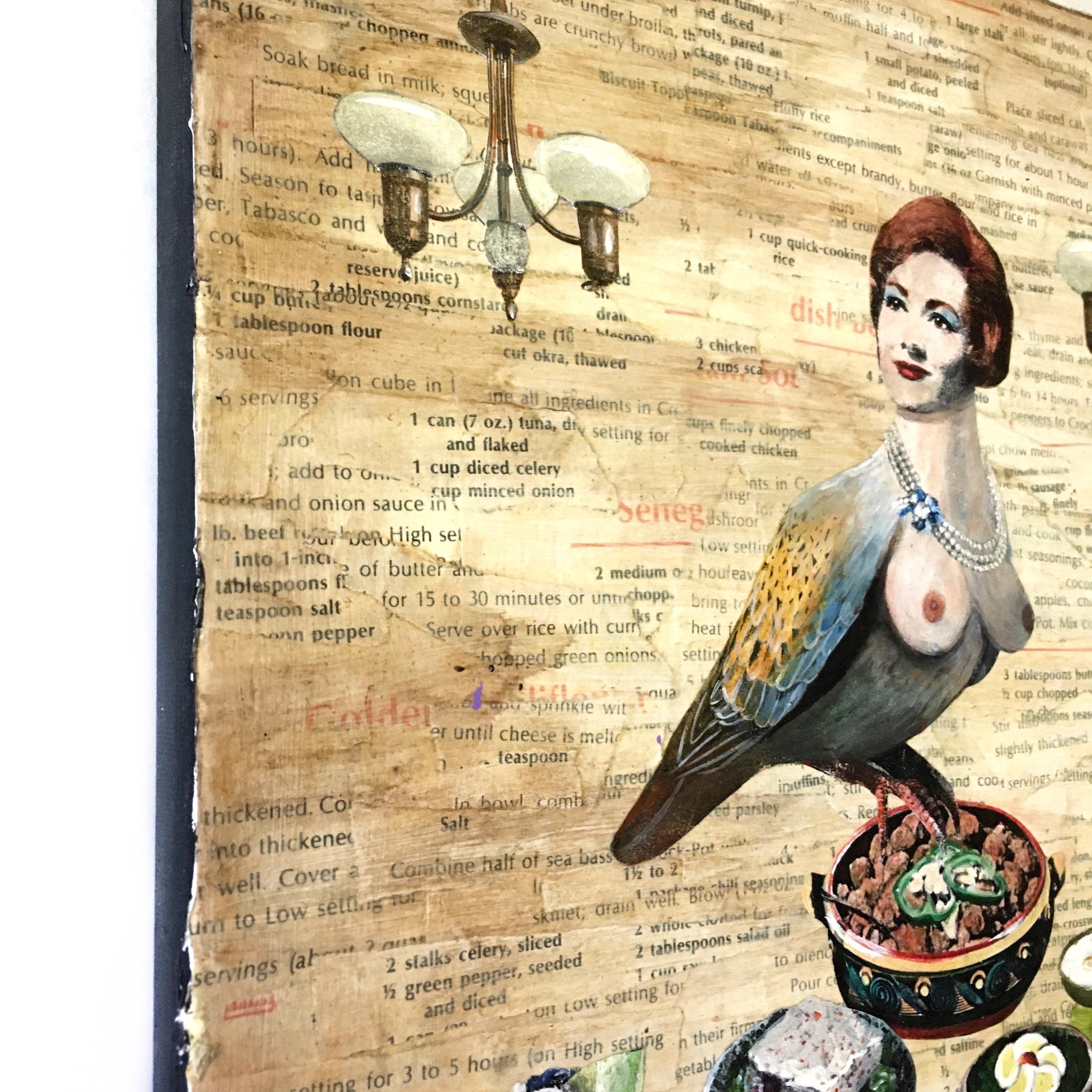 Vintage Harpy Painting, Retro Inspired Mixed Media Art, Collage Wall Painting, Original Acrylic Wall Art, Weird Animal Lover Gift Green - Thumbnail 3