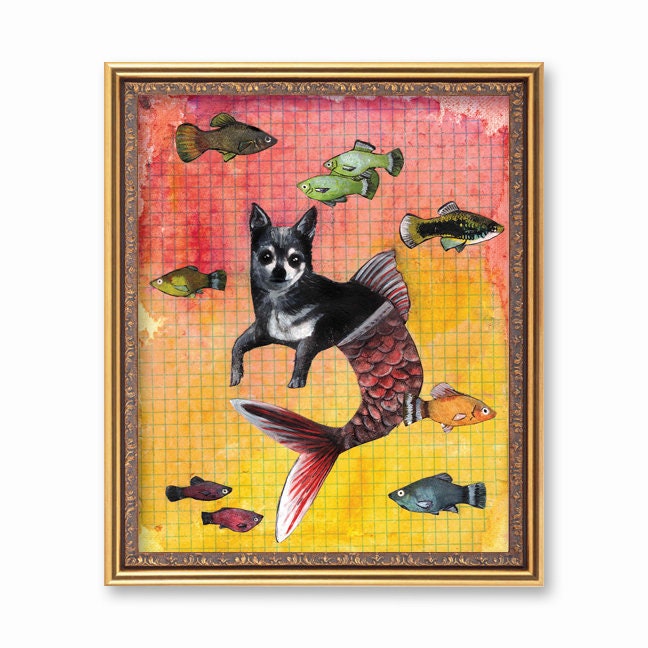 Chihuahua Art Print, 8x10 Mermaid Dogs, Bathroom Decor, Adopt Don't Shop, Chihuahua Gift, Dog Mom Gifts, Weird Art Mermaids, Animal Rescue