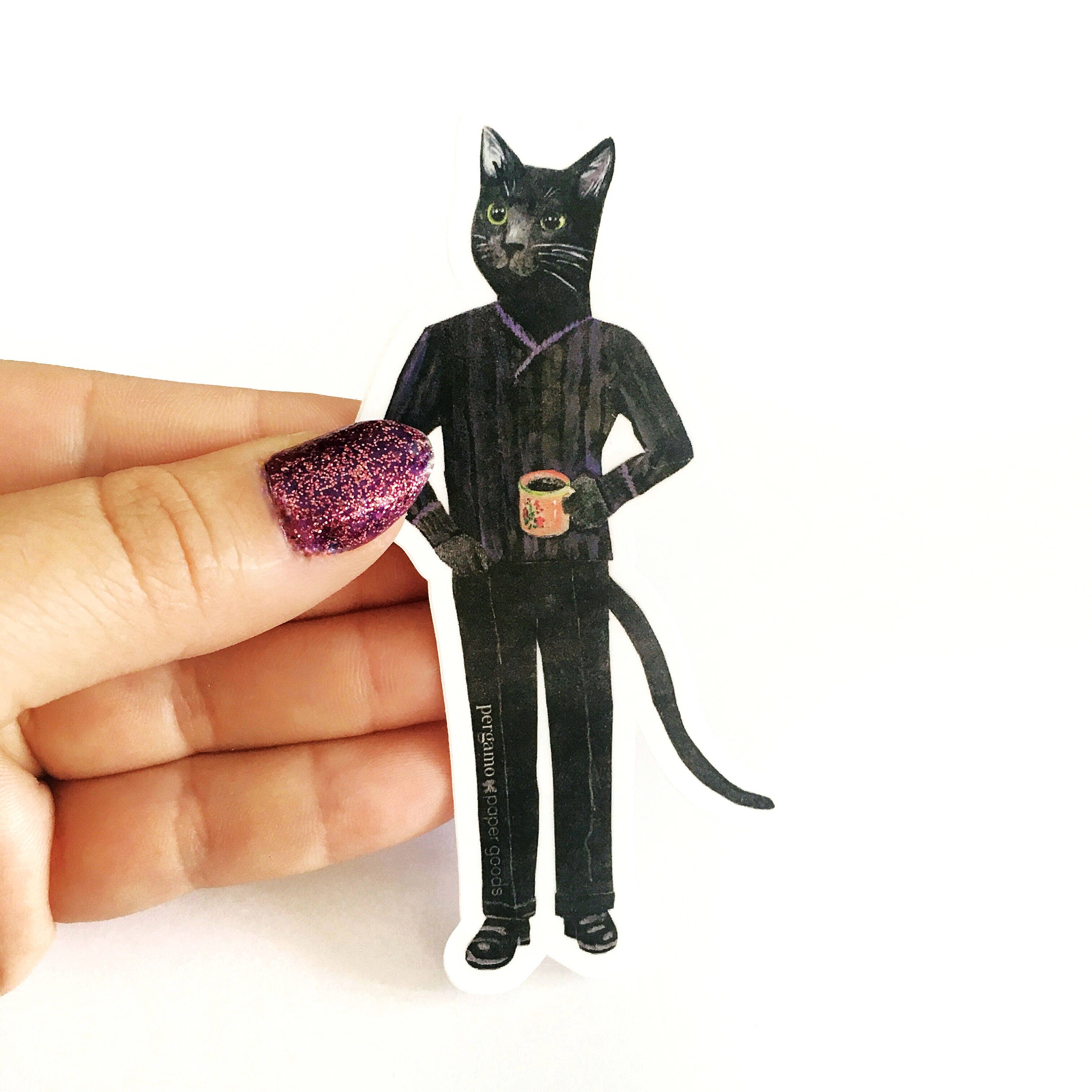 Black Cat Sticker, Weird Vinyl Stickers, Laptop MacBook Bumper, Coffee Gift, Coffee Lover, Cat Mom, Gifts Veterinarian Gift Rescue Wholesale