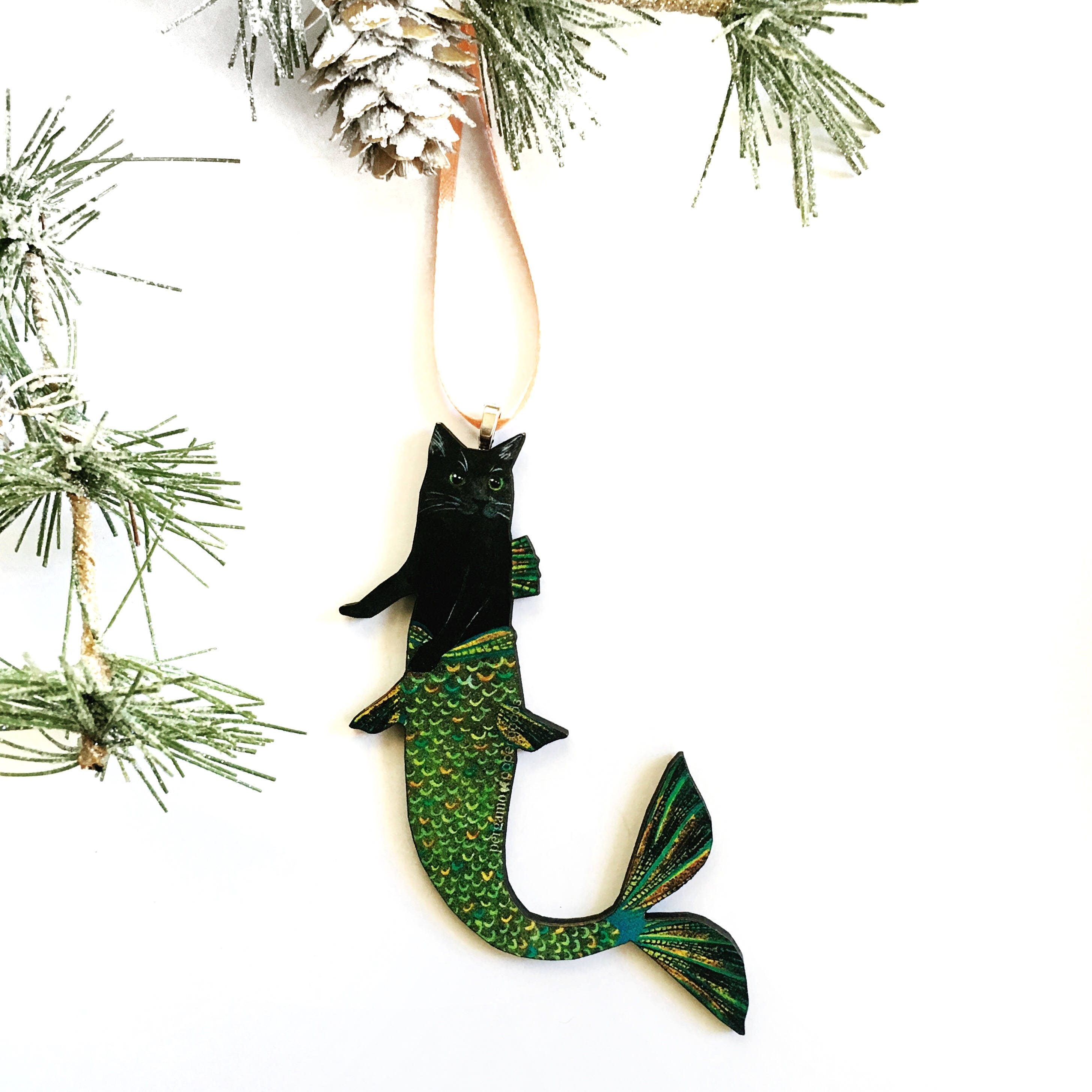 Laser Ornament, Black Cat Ornaments, Vintage Mermaid Cat Christmas Decor, Weird Gifts for Cat Lovers, Retro Christmas, Illustrated Kitten - Thumbnail 4