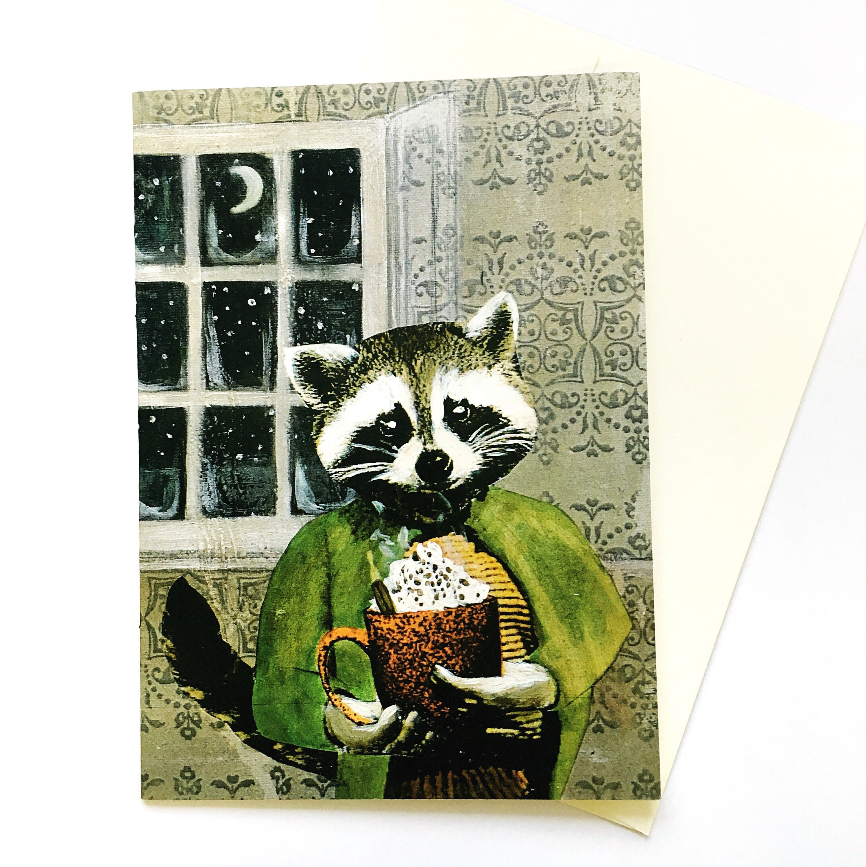 Fall Card, Raccoon Cards, Funny Animal Weird Card, Vintage Christmas Stationery, Illustrated Raccoon Gifts, Weird Art, Wholesale Available - Thumbnail 2