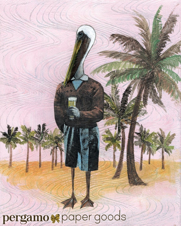 Pelican Art Print, 8x10" Unique Father's Day Gift, Beer Art, Mixed Media Florida Beach House Wall Art, Man Cave Decor Weird Art Retro Decor - Thumbnail 2