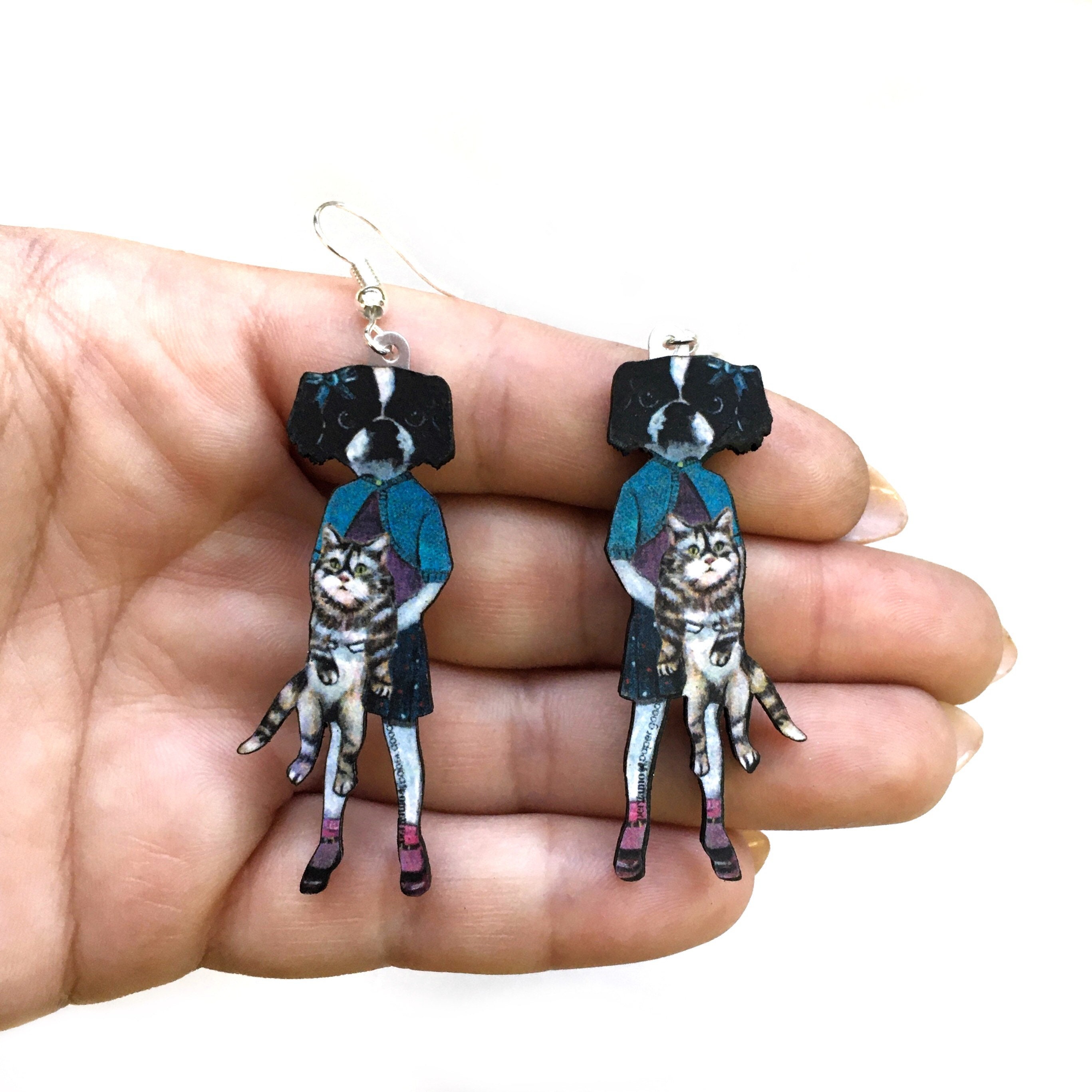 Quirky Earrings, Weird Art, Unusual Dog Earrings, Surreal Japanese Chin Gift, Illustrated Dressed Up Animal Jewelry Laser Cut Wood Gifts - Thumbnail 2