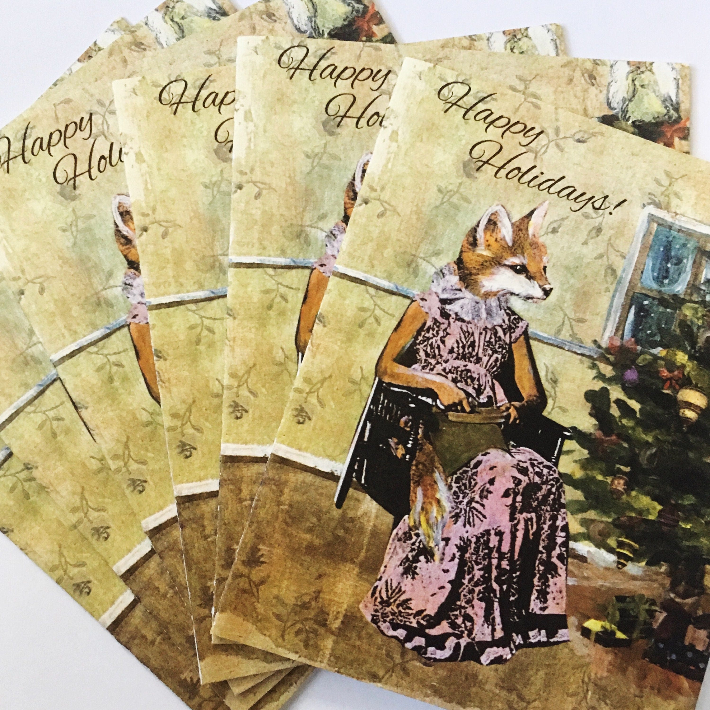 Fox Holiday Card or Card Set | Weird Christmas Happy Holidays | Retro Holiday Card | Unique Holiday Stationery Set | Fancy Animals Card