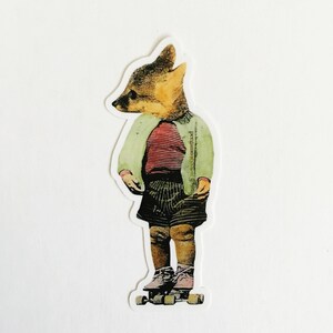 May include: A sticker featuring a fox-headed figure in a green jacket, striped shirt, and shorts, standing on roller skates. The figure has a vintage aesthetic, with a light green jacket and pink roller skates.