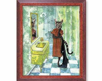 Retro Cat Art Print, 8x10 Cat Wall Art, Kitty Decor for Animal Lovers, Cat Lover, Bathroom Decor, Weird Vintage Mixed Media Collage Funny