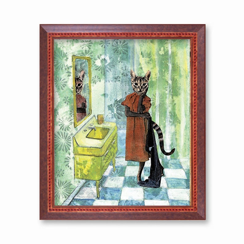 Retro Cat Art Print, 8x10 Cat Wall Art, Kitty Decor for Animal Lovers, Cat Lover, Bathroom Decor, Weird Vintage Mixed Media Collage Funny image 1