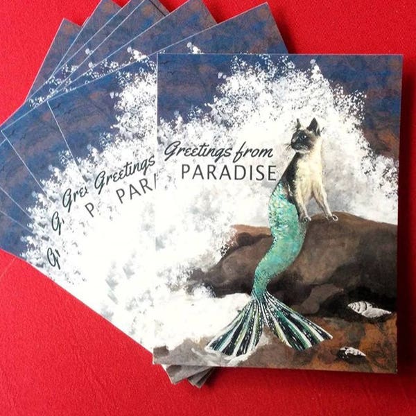 Mermaid Cat Postcard Set, Greetings from Paradise Postcards, Unique Vacation Souvenir, Kitty Lover Gift, Snail Mail, Animal Rescue Favor