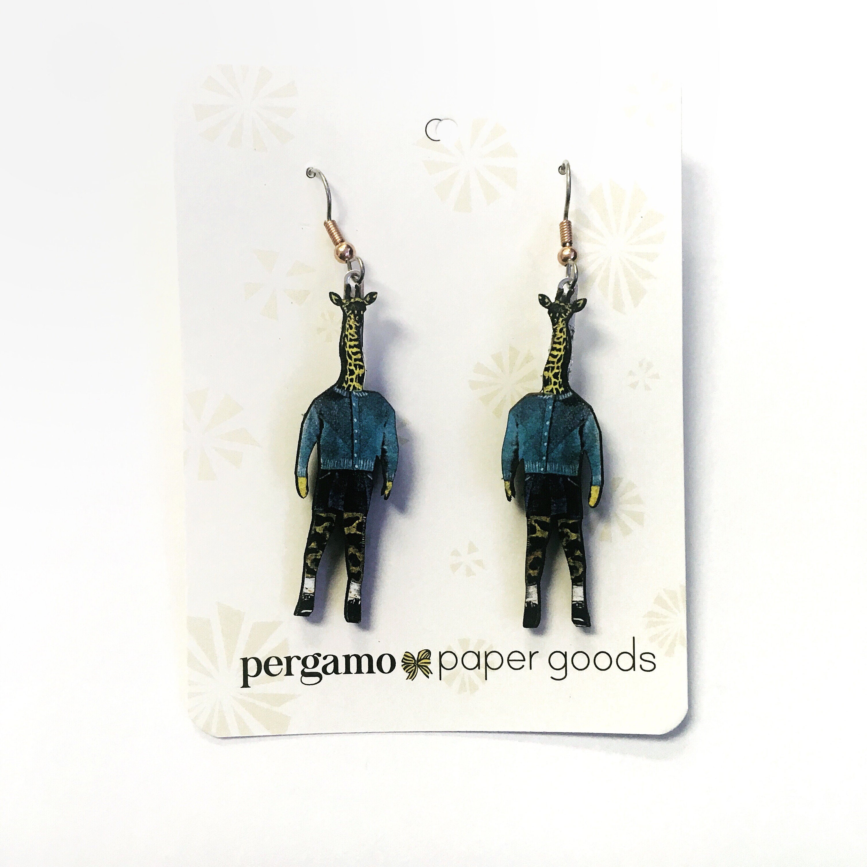Weird Earrings, Giraffe Jewelry, Surreal Kitsch Animal Earrings, Surgical Steel Vintage Retro Illustrated Dressed up Animals, Clip On Option - Thumbnail 2