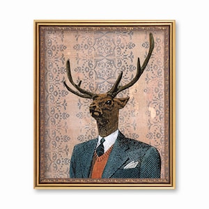 Buck Art Print, 8x10 Dapper Deer Wall Art, Antlers Decor, Rustic Home, Weird Art for Men, Funny Gifts for Dad, Vintage Mixed Media Collage