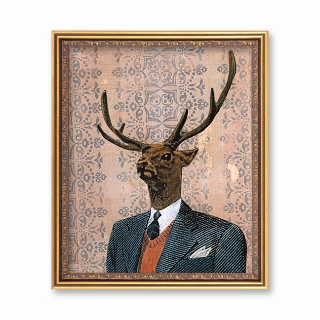 Buck Art Print, 8x10 Dapper Deer Wall Art, Antlers Decor, Rustic Home, Weird Art for Men, Funny Gifts for Dad, Vintage Mixed Media Collage