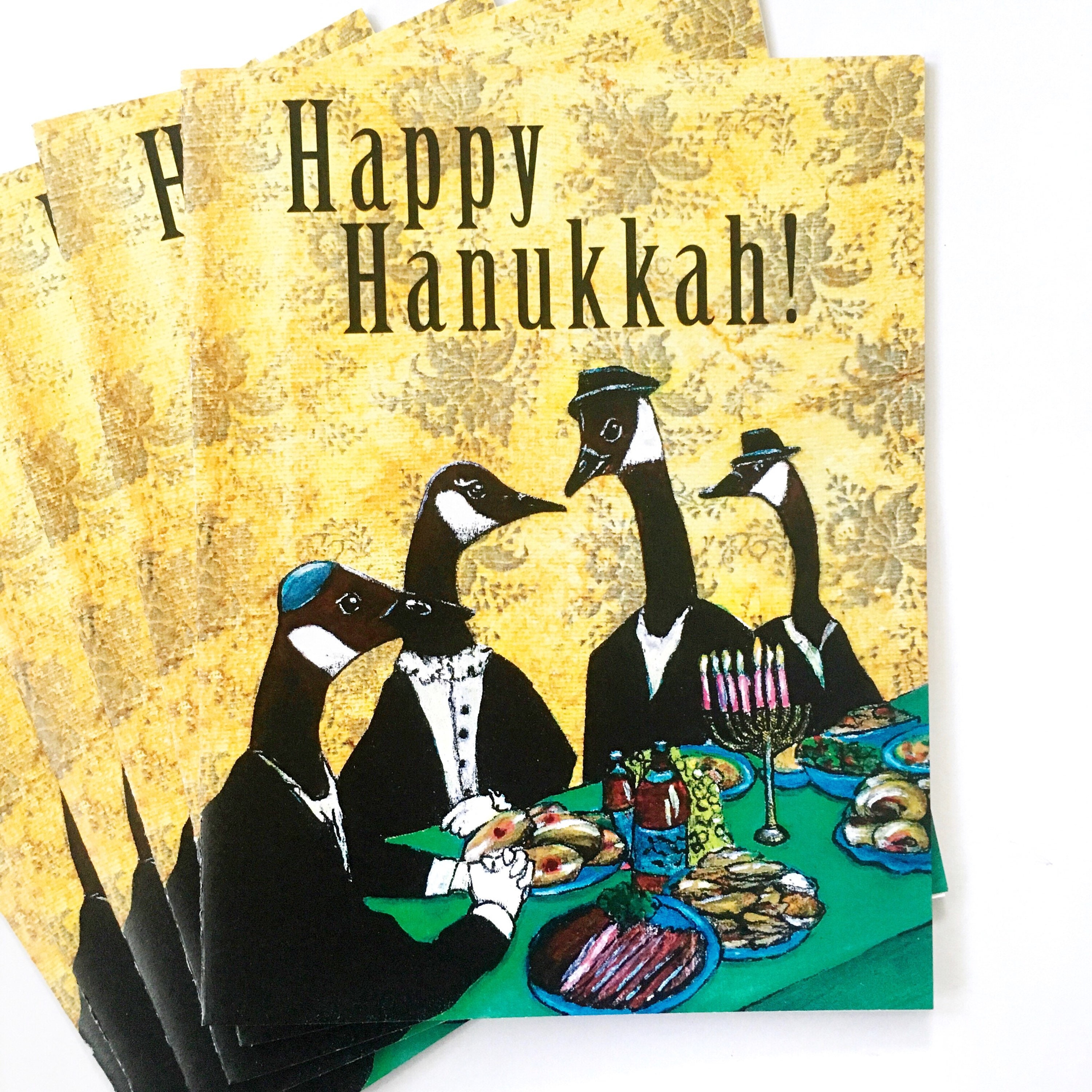 Unique Hanukkah Card or Card Set, Illustrated Geese, Retro Animal Chanukah Cards, Weird Jewish Holiday Stationery Set, Vintage Fancy Animals - Thumbnail 4