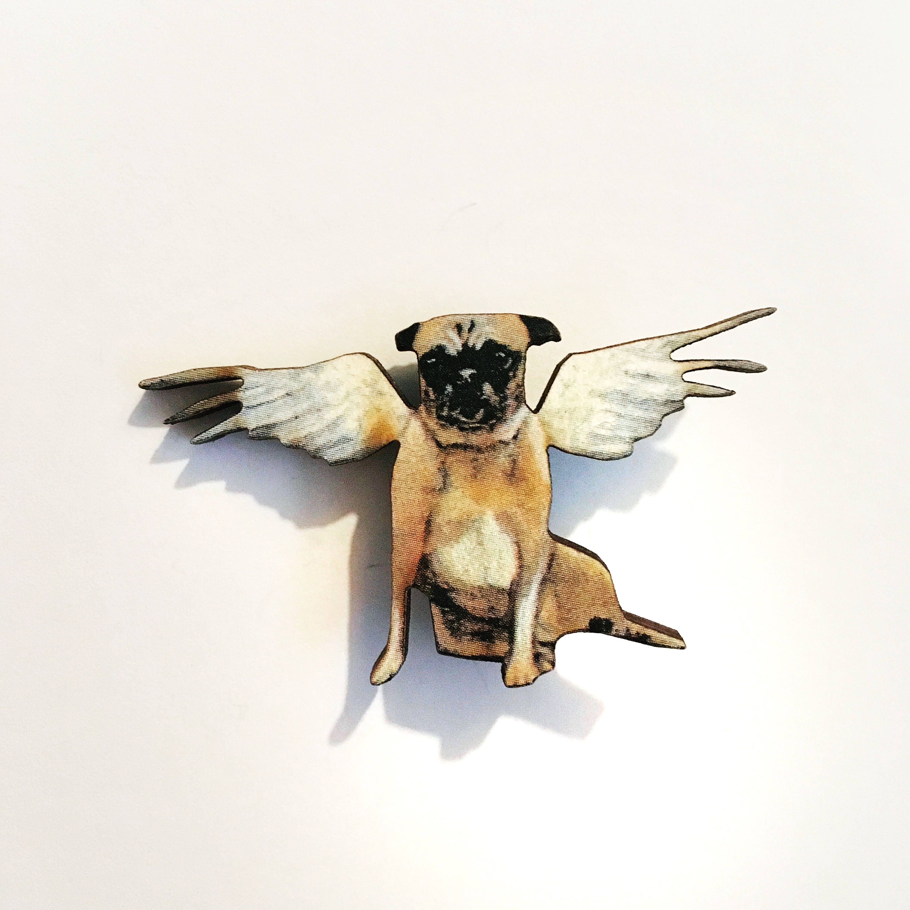Angel Pug Pin, Dog Lapel Pins, Animal Rescue Brooch, Laser Cut Wood Animal Jewelry, Illustrated Valentine's Day Cupid Love Pug, Pet Memorial - Thumbnail 3