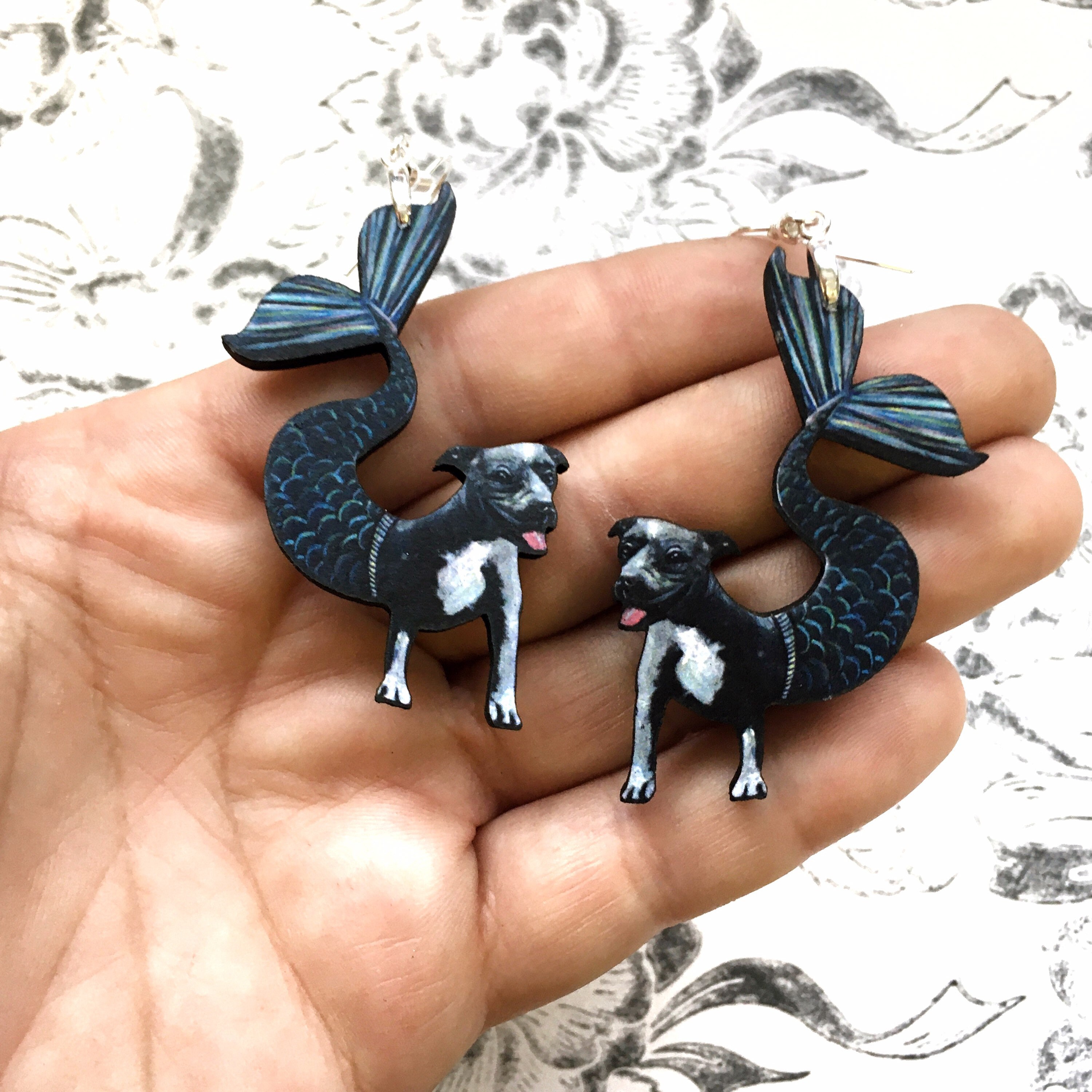 Pitbull Earrings, Mermaid Dog Jewelry, Weird Earrings, Kitsch Earrings, Stainless Steel Dangle Earrings, Blue Pitbull Mom Gift