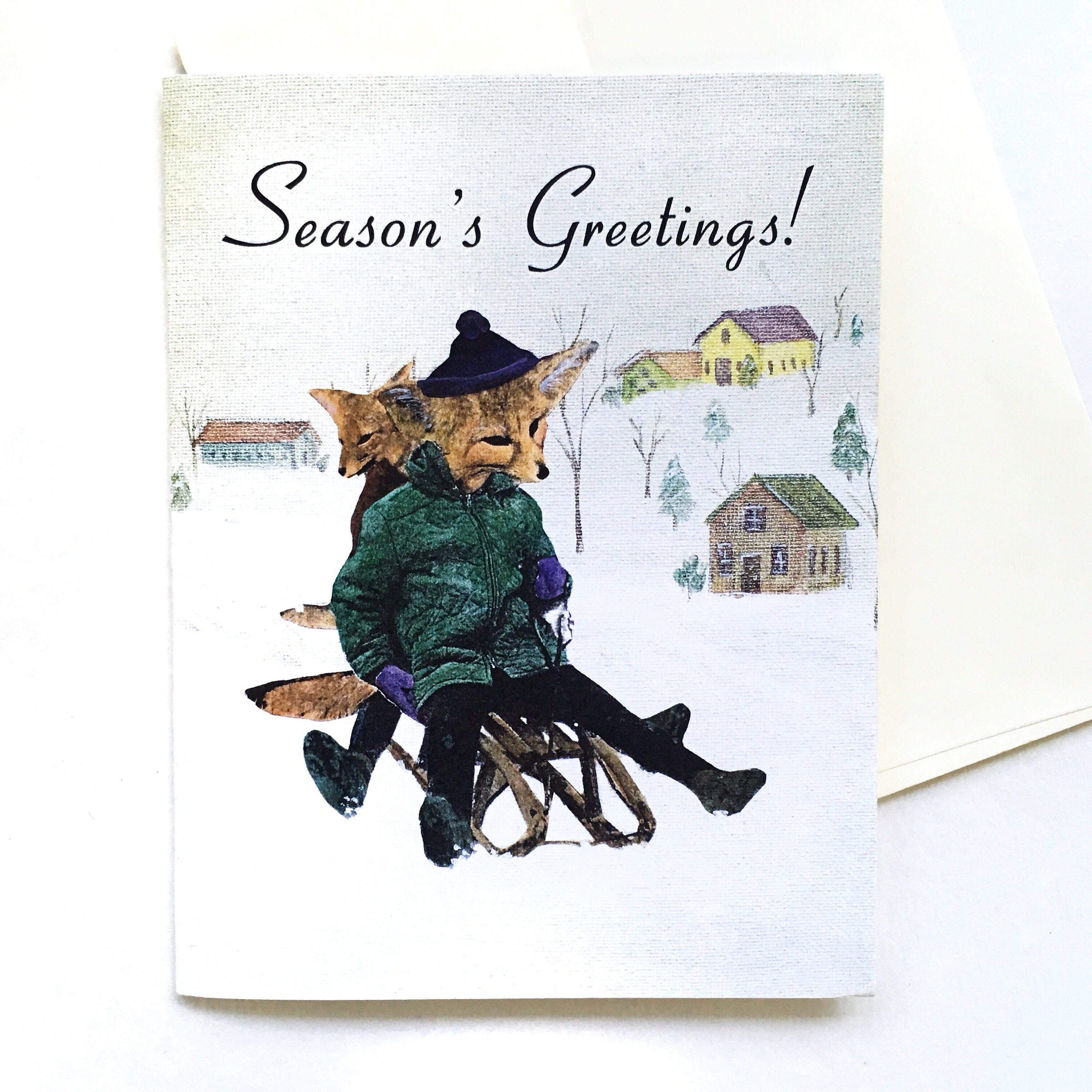 Holiday Fox Card Set, Seasons Greetings Sledding Foxes, Vintage Christmas Card, Animals Stationery Set, Weird Holiday Party Cards, Wholesale