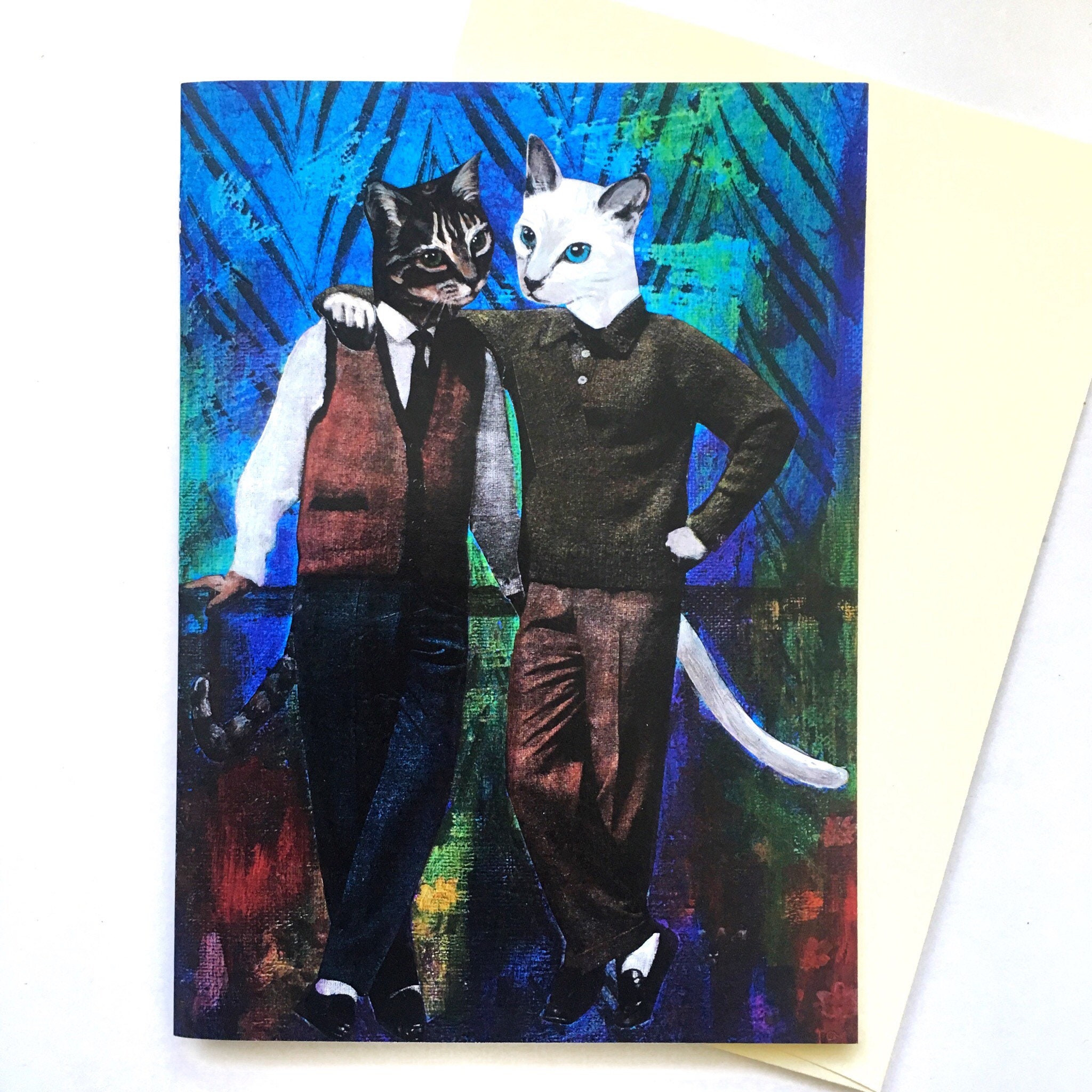 Gay Card for Cat Lovers, LGBTQ Cats, Vintage Love Retro, Best Gay Pride Cards Marriage Wedding Anniversary, Mixed Media Illustration LGBT