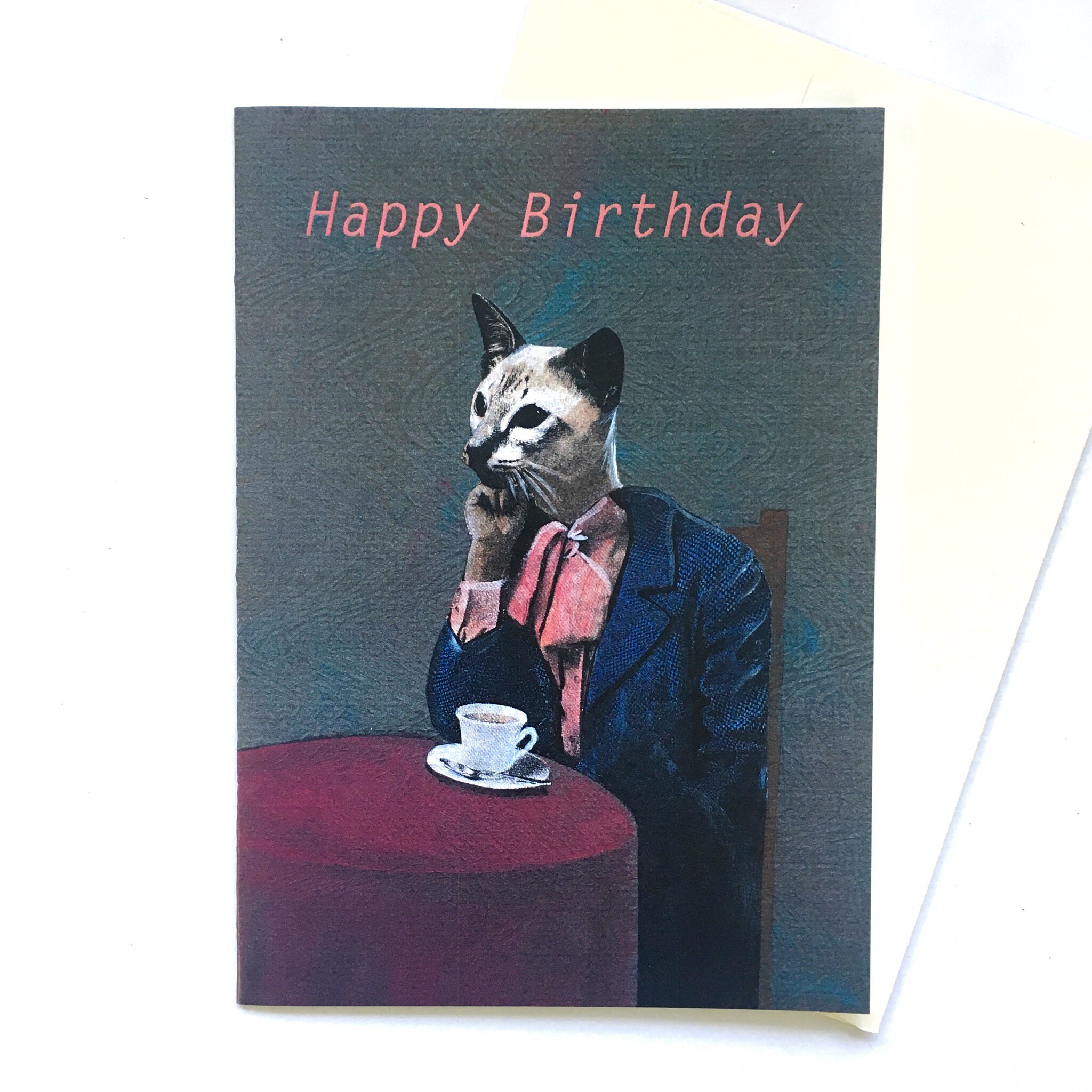 Cat Birthday Card, Vintage Happy Birthday Cards, Dapper Cats Eclectic Animals Greeting, Tea Cat Coffee Kitty Dressed Up Cat Wearing Clothes