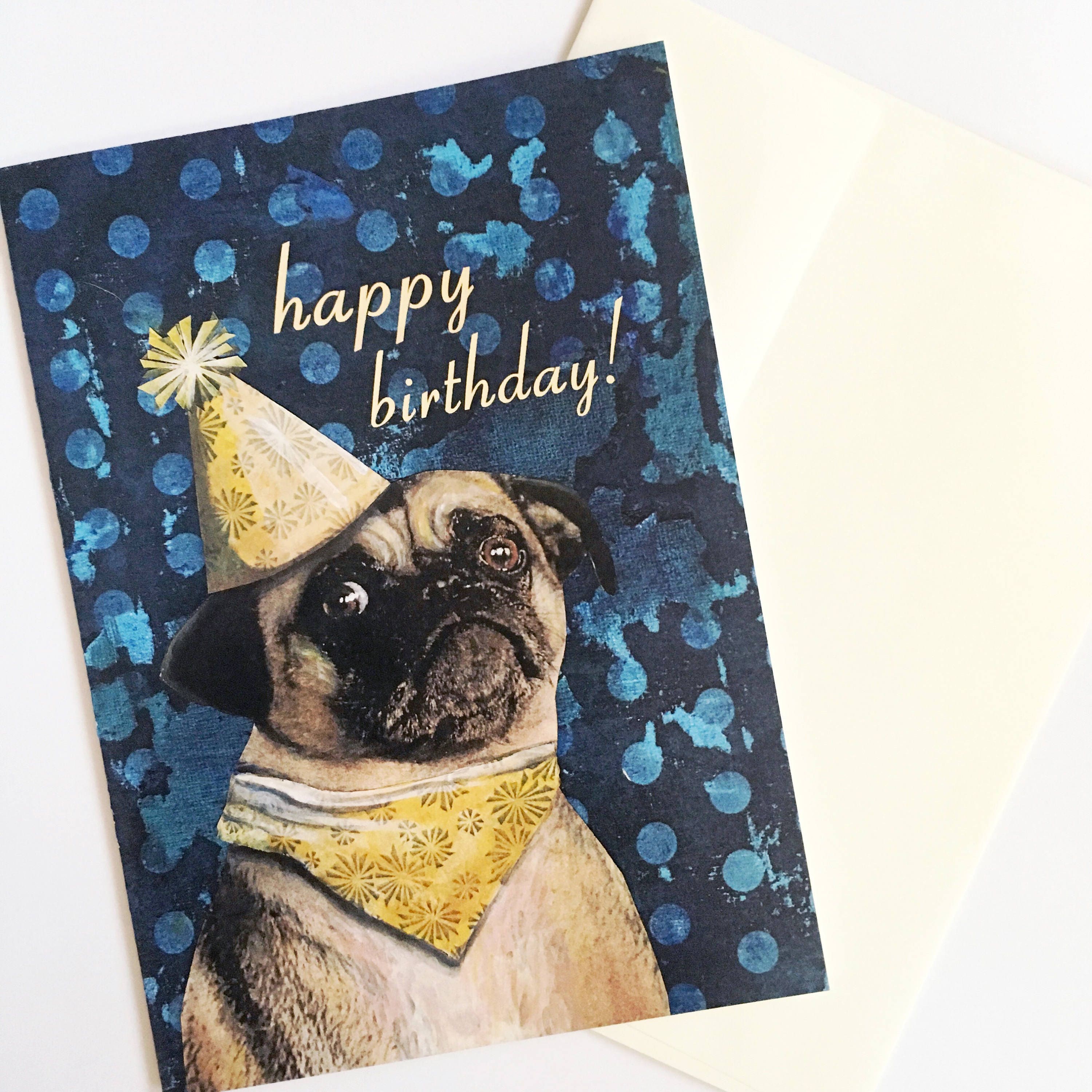 Pug Birthday Card, Happy Birthday Retro Greeting Card, Unique Illustrated Dog Rescue, Weird Cards Weird Art, Fawn Pug Love, Adopt Don't Shop - Thumbnail 4