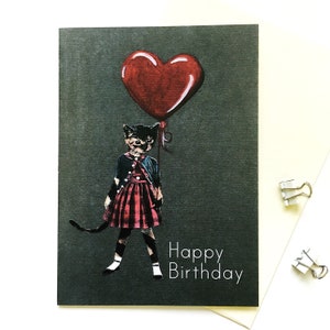 Carte de chat de joyeux anniversaire, ballon en forme de coeur, cartes de chats excentriques, kitty rectifiée vers le haut, art de chat rétro de petite fille, amour de papeterie de cartes bizarres